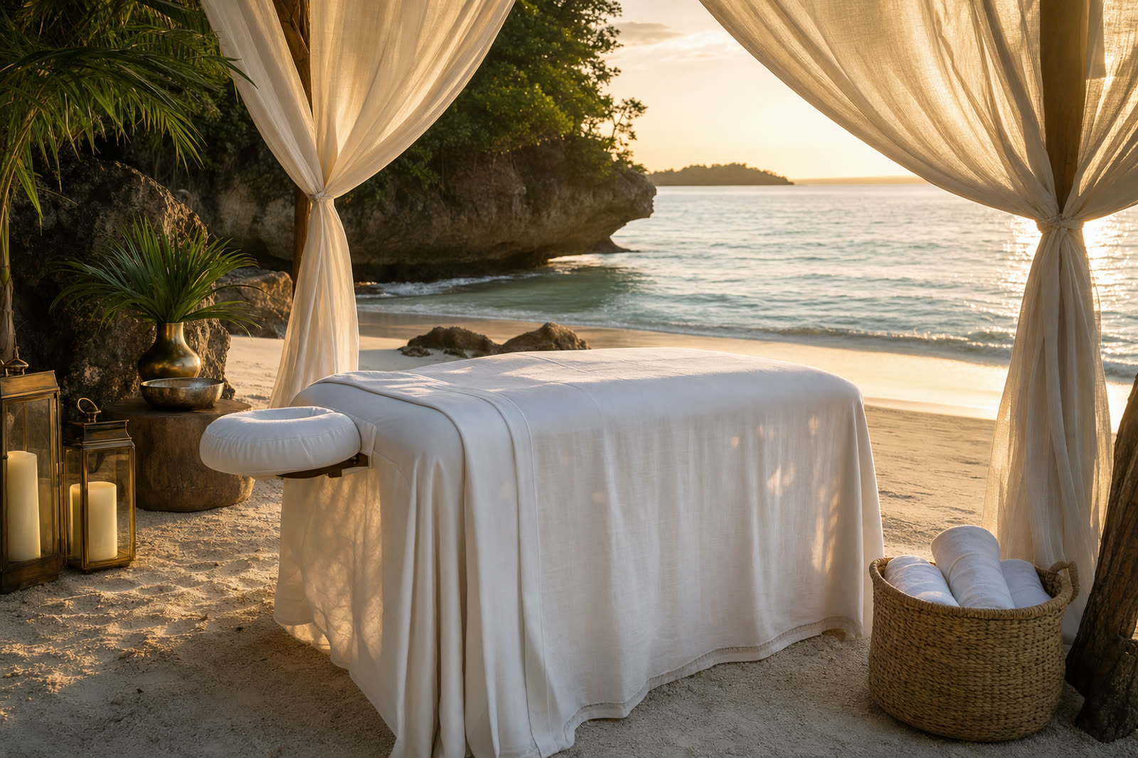 A linen-dressed massage table under a light canopy on soft sand beside a calm Caribbean shoreline at golden hour.