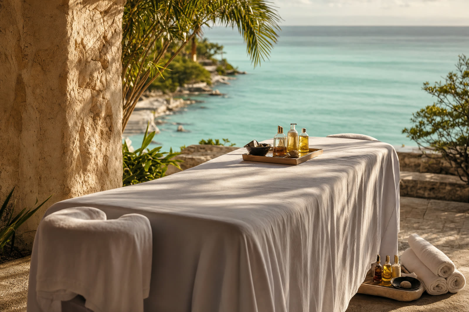 A massage table dressed in crisp white linen set up on a shaded coral-stone villa terrace overlooking the turquoise Caribbean sea in late afternoon light.
