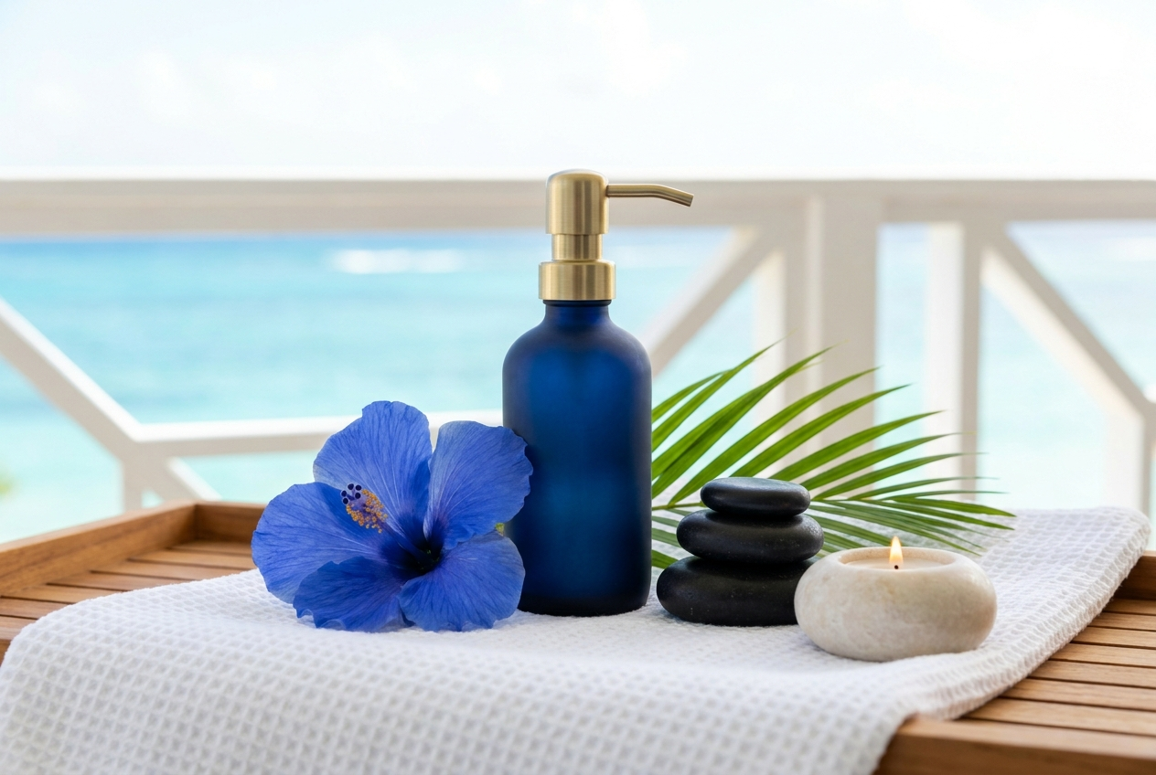 A cobalt-blue hibiscus flower beside a navy glass bottle of massage oil with a brushed gold pump, stacked black basalt stones and a lit candle, arranged on a white waffle towel on a teak tray overlooking the turquoise Caribbean sea.