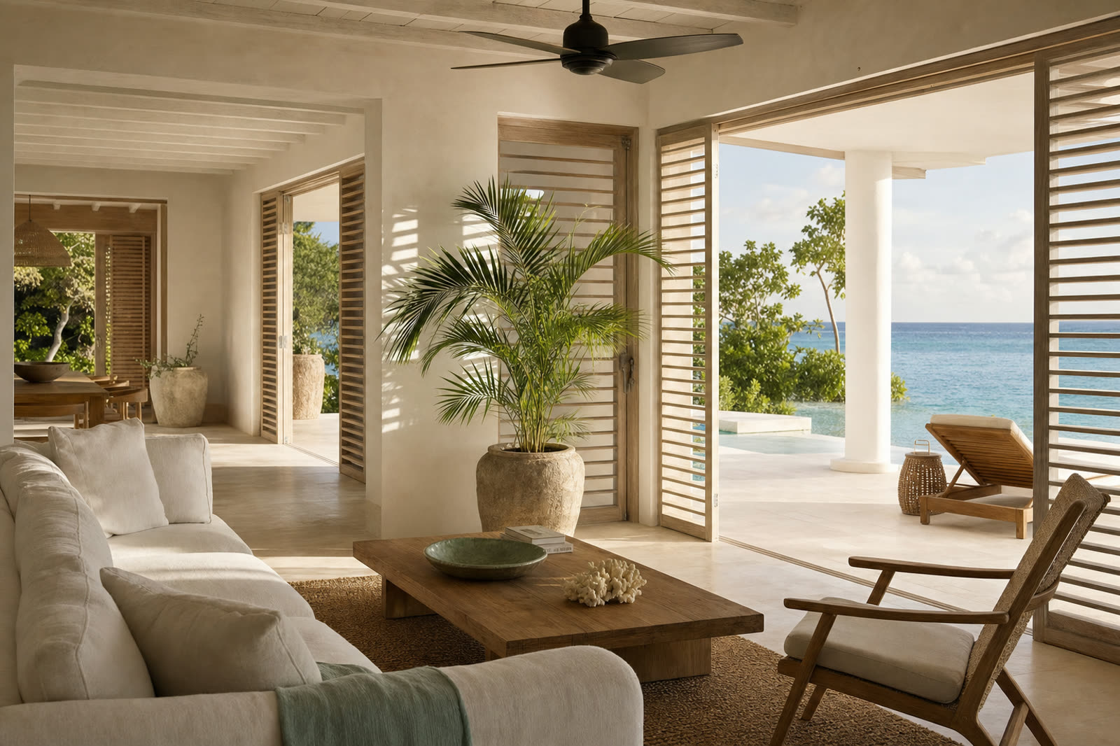 A calm, airy Caribbean villa living room with white plaster walls, louvred shutters open to a sunlit terrace and a view of the sea.